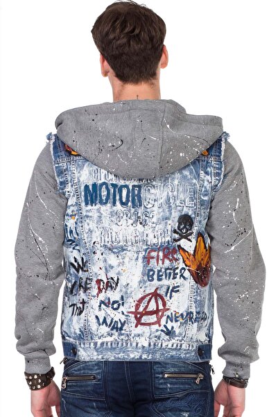 Cipo&Baxx CJ209 Boyamalı Alev Baskılı Erkek Mavi Denim Ceket