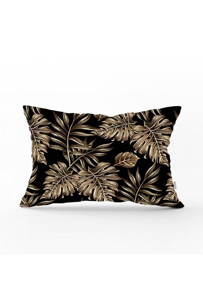 Realhomes غطاء وسادة مستطيل بنمط أوراق ذهبية اللون على أرضية سوداء