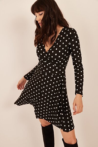 Olalook Kadın Siyah Kruvaze Puantiyeli Elbise ELB-19000875