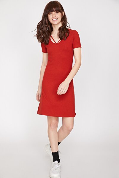 Koton Γυναικείο Κόκκινο κοντομάνικο μίντι γιακά με λεπτομέρειες 9YAL88146IK