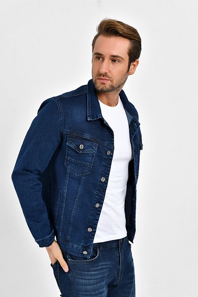 DYNAMO Men's Navy Blue-6 Slim Fit Lycra Jeans Jacket