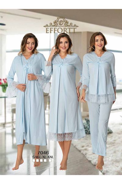 Effort Pijama Blue 4-Piece Maternity Pajamas Set - Maternity Guipure Nightgown and Dressing Gown