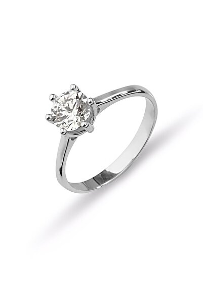 MySilvers Taşlı 6 Tırnak Tektaş Yüzük Kadın Rodyum