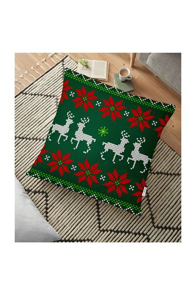 Realhomes Decorative Floor Cushion with New Year's Deers on Green Background - 70 x 70 cm