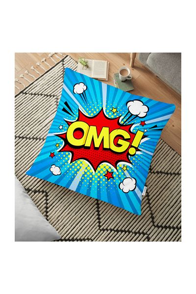 Realhomes Pernă decorativă de podea imprimată digital cu model Omg cu fundal albastru - 70 X 70 cm