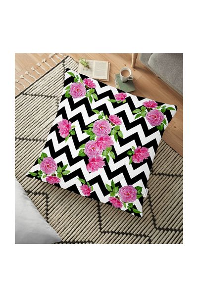 Realhomes Pernă de podea modernă cu tematică zebră în zig-zag cu motiv trandafir - 70 X 70 cm