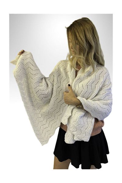 Ocean White Zigzag Patterned Knitwear Knitted Shoulder Shawl