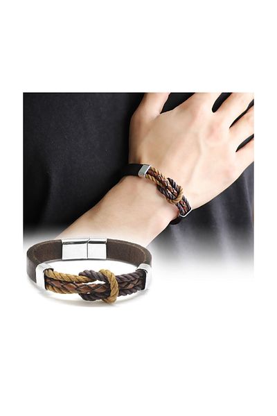 Tesbihane Knot Design Brown Leather-Steel Combination Men's Bracelet104000522