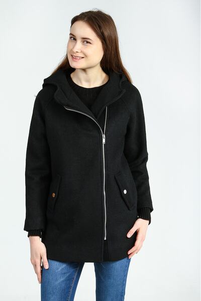 Collezione Siyah Kapişonlu Yan Fermuar Detaylı Kaşe Kadın Kaban