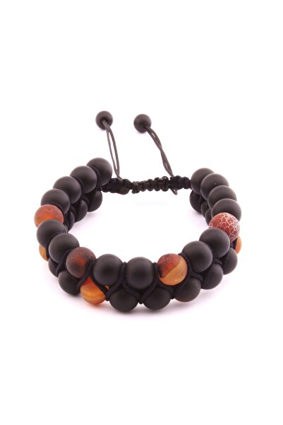 Tesbihane Macrame Knit Double Row Sphere Cut Onyx-Agate Natural Stone Bracelet 104000402