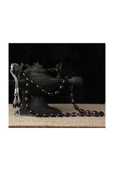 Tesbihsepetim Clamping Amber Prayer Beads - Silver, Three Crescent Tassels, Black Color