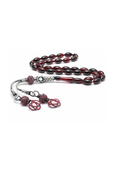 Tesbihsepetim Kazaziye Silver Studded Black Moire Fire Amber Prayer Beads
