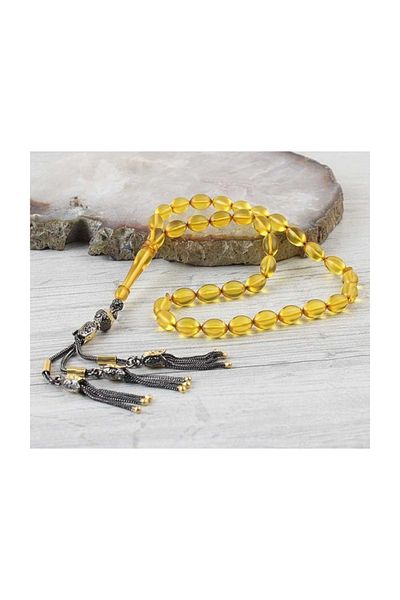 Tesbihsepetim Silver Tasseled Rodaj Plated Fire Amber Prayer Beads