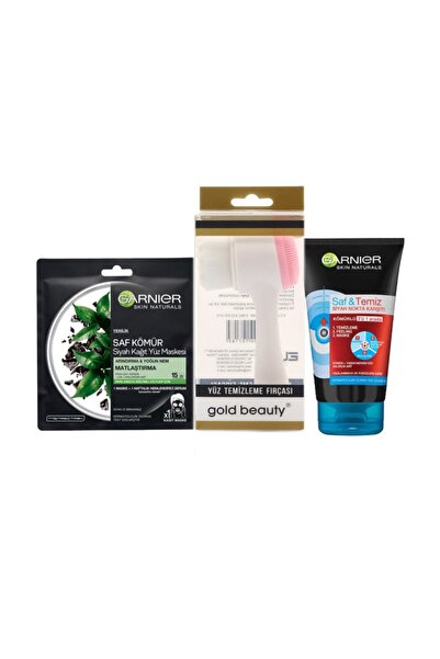 Garnier Saf Ve Temiz Kömürlü 3'ü 1 Arada & Gold Beauty Yüz Temizleme Fırçası &   Siyah Maske