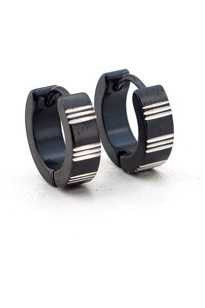 Solfera Men's Striped Black Hoop Earrings - E403
