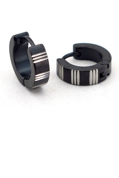 Solfera Men's Striped Black Hoop Earrings - E403