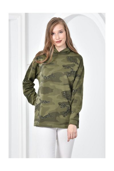 Seamoda Camouflage Pattern Glitter Printed Sweat-khaki