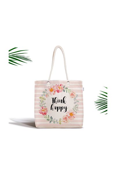 Realhomes Flower Motif Think Happy Printed Zippered Fabric Bag Bag-2086