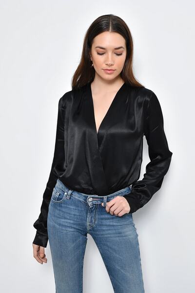 Hanna's by Hanna Darsa Kadın Siyah Saten Omuzu Pileli Çıtçıtlı Body