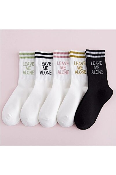 çorapmanya Kadın Beyaz Leave Me Alone Desenli Kolej Çorap 5'li