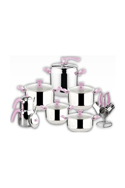 NİCE 18 Parça Çelik Tencere Seti Çeyiz Takımı Pembe