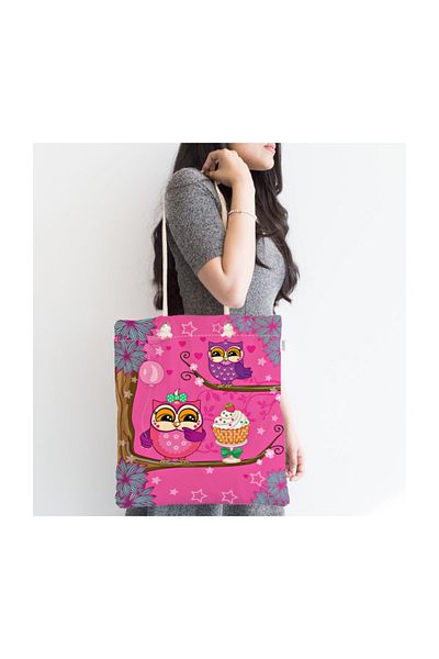 Realhomes Μοντέρνα υφασμάτινη τσάντα με φερμουάρ Pink Owls on My Floor Canta-3070