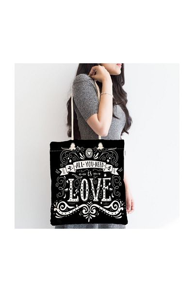 Realhomes Μαύρη Love Printed Μοντέρνα Υφασμάτινη Τσάντα με φερμουάρ-2005