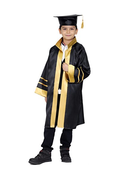 Mezuniyetshop Mezuniyet Cubbesi  Ilkokul Siyah Gold Şeritli