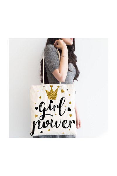 Realhomes Geanta din stofă cu fermoar, imprimată digitală, text cu model Girl Power-2123