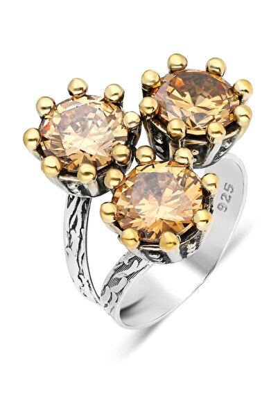 Güçlü Kuyumculuk Söğütlü Serisi Kadın Sitrin Taşlı Çiçek Modelli Otantik Gümüş Yüzük