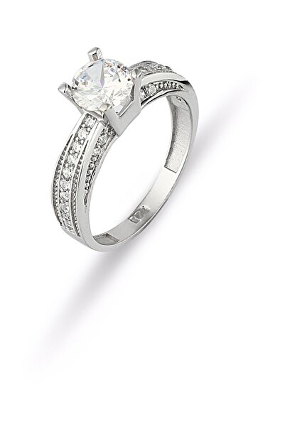 MySilvers Pırlanta Modeli Fantazi Tektaş Yüzük Kadın Rodyum