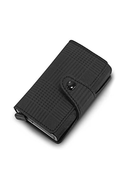 Karalı Deri Erkek Mekanizmalı Akıllı Kartlık Cüzdan Kopçalı 3 Gözlü Cüzdan Siyah