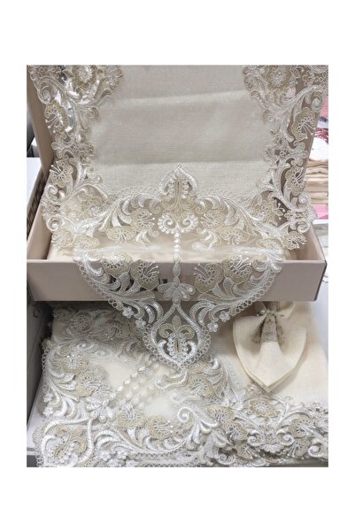 safir home collection Linen Simli Keten Kumaş Masa Örtüsü Takımı Krem Gold 12 Kişilik 26 Parça