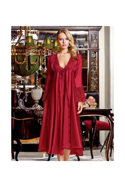 Jeremi 2874 Dowry Silk Satin Lace Double Long Nightgown Dressing Gown Set - Claret Red