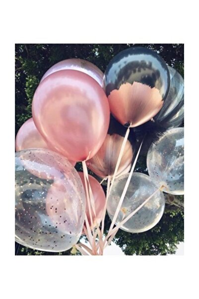 TATLI GÜNLER Partiniseç 25 Adet Metalik Toz Pembe (bakır)-şeffaf Balon, Helyumla Uçan