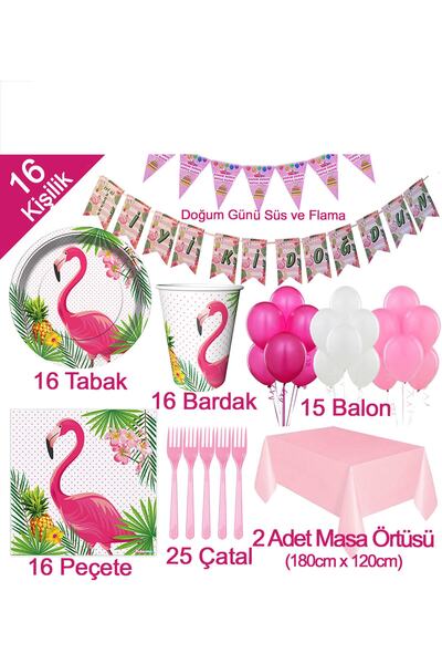 Parti dolabı 16 Kişi Flamingo Konsepti Parti Malzemeleri Doğum Günü Süs Seti Yaz Temalı