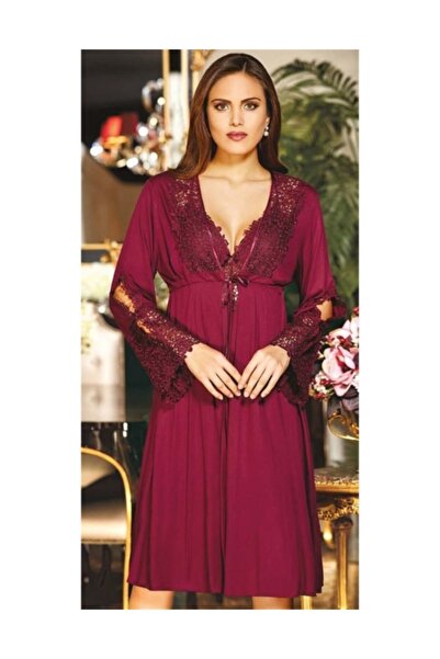 Jeremi 561 Combed Cotton Lace Short Six Pieces Nightgown Dressing Gown Set Claret Red