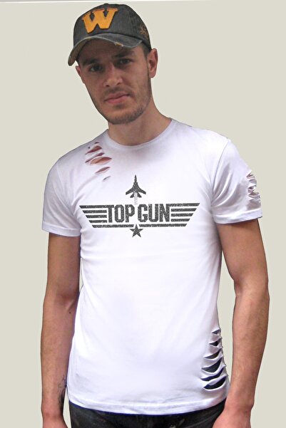 ROCKANDROLL Tricou Top Gun alb cu mânecă scurtă ruptă