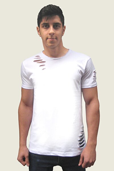 ROCKANDROLL Απλό, ατυπωμένο λευκό κοντομάνικο μπλουζάκι με σκισίματα