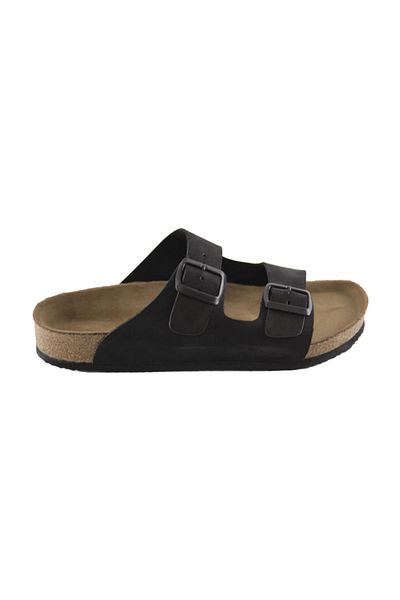 ART'iz Zeugma Genuine Leather Black Double Stripe Slippers
