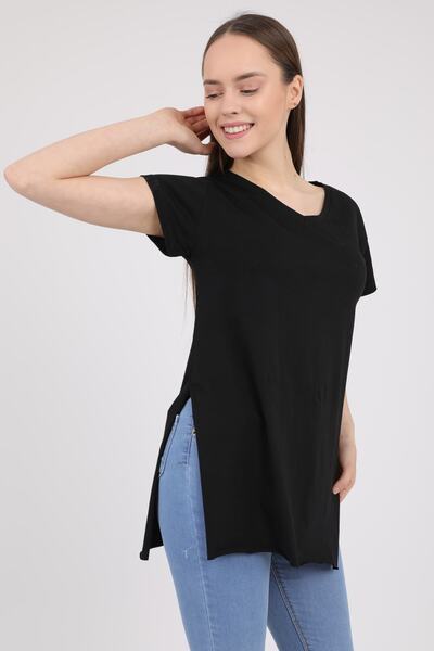 MD trend Tricou negru din bumbac, cu decolteu în V, cu mânecă scurtă, Mdt3025
