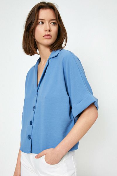 Koton Women's Blue V-Neck Shirt 0YAK68020CW