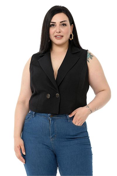 DISENTIS MODEST Plus Size Double Breasted Double Button Black Mini Vest