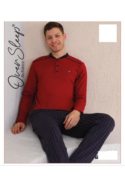 Over Sleep by Poleren Erkek Battal Pamuk Uzun Kol Pijama Takım Bordo
