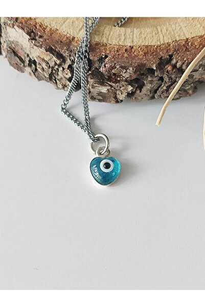 HANIMKIZ 925 Ayar Gümüş Kalpli Nazar Boncuklu Kolye Ucu (ZİNCİRSİZ)