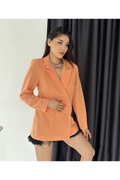 pembekurdelem Keten Kruvaze Blazer Ceket Turuncu
