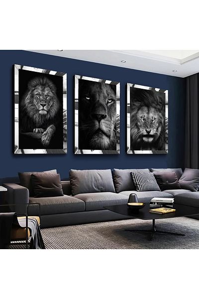 Zevahir Mobilya Dekorasyon Set de masă din MDF triplu argintiu King of the Forest Lion cu cadru din plexiglas cu oglindă argintie
