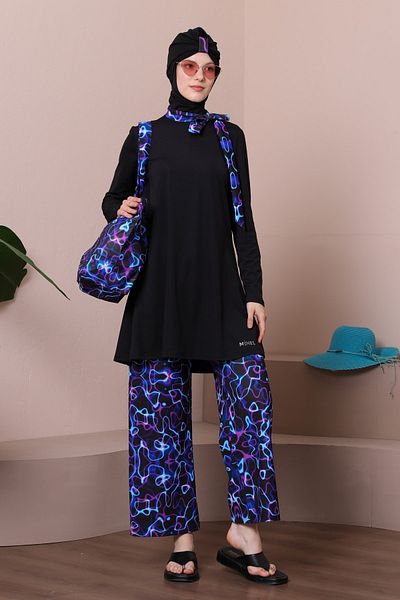 MASSMİZO Women's Long Collar Scarf Scuba Patterned Beach Full Covered Hijab Swimsuit Set of 3