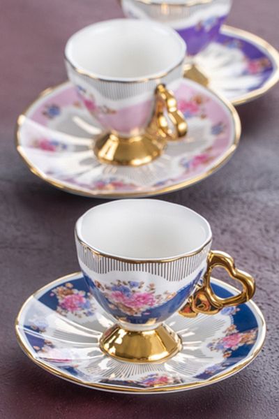 ACAR Naomi Set of 6 Turkish Coffee Cups - Porcelain Coffee Cup - Set of 6 Floral Cups