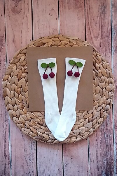 Panowill Design Kız Bebek Bordo Kiraz Süslemeli Beyaz Diz Altı Çorap